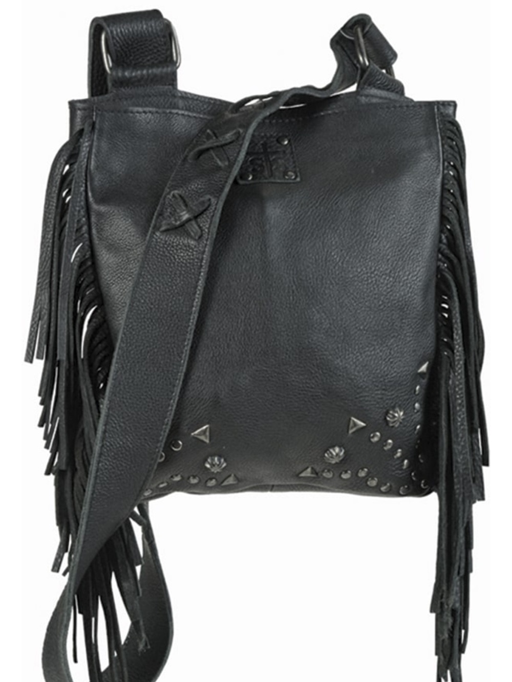 STS Ranchwear Black Leather Fringe Studded Crossbody Bag *